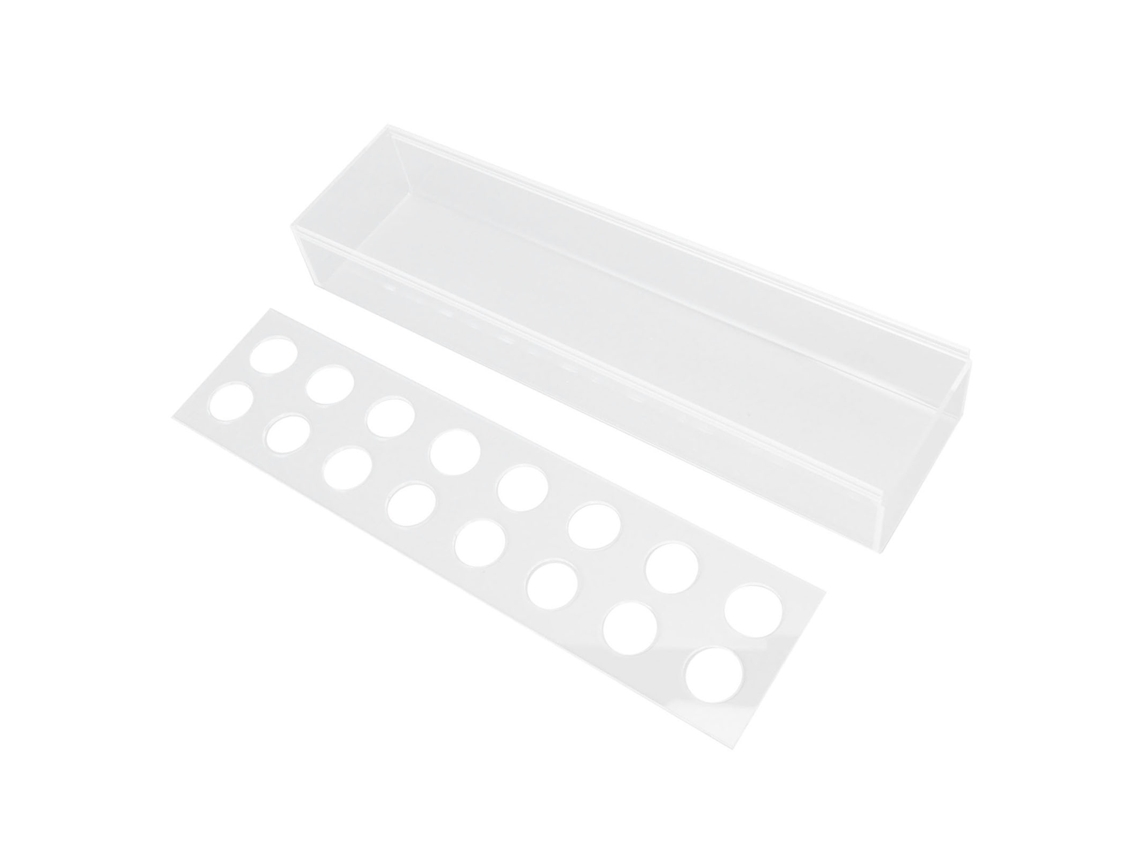 Jarrón rectangular de acrílico transparente con 16 agujeros.