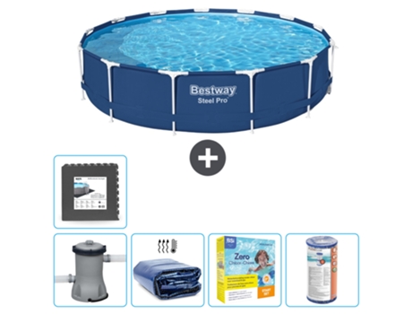 Piscina BESTWAY Round Steel Pro - 396 x 84 cm - Azul - Bomba incluida Vela solar - Paquete de mantenimiento - Filtrar - Baldosas