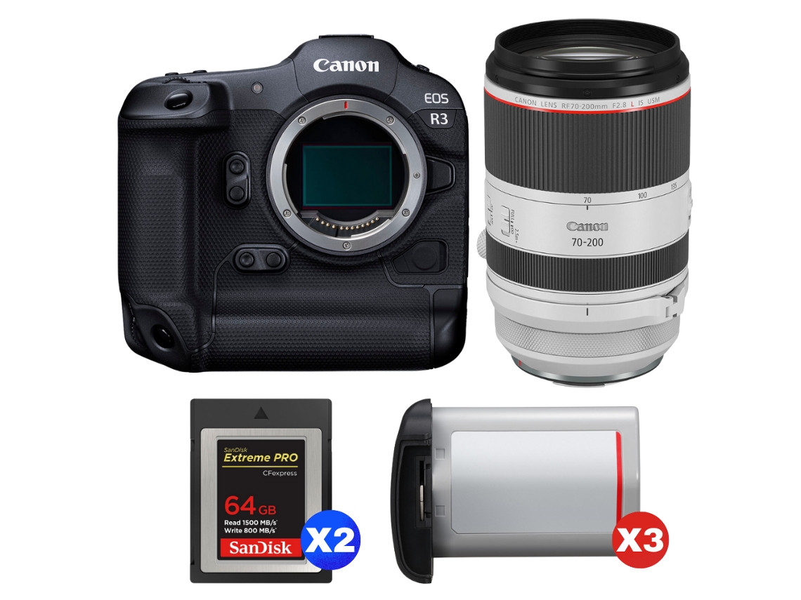Canon Eos R3 + Rf 70-200mm F/2.8 L Is Usm + 2 Sandisk 64gb Extreme Pro Cfexpress Type B + 3 Canon Lp-e19 + Ebook Pricedirect