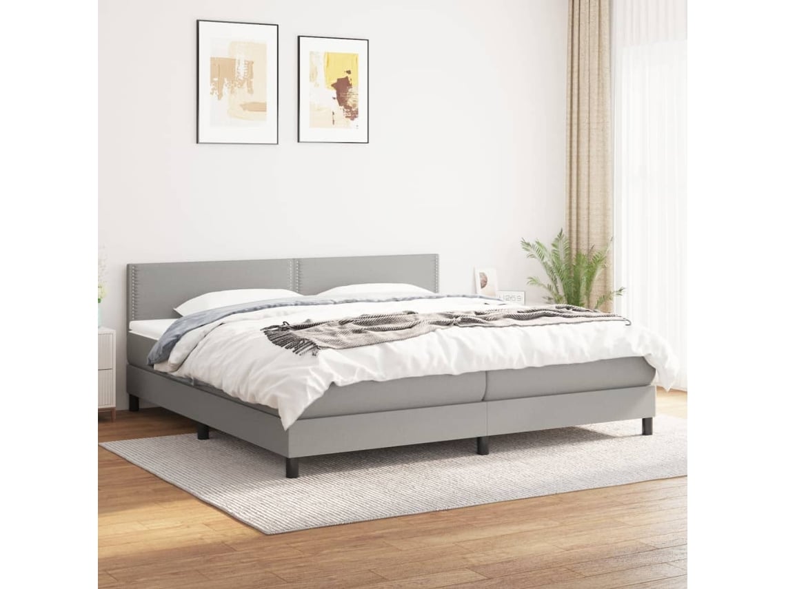 Cama Box Spring Con Colchón Tela Gris Claro 200x200 Cm