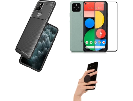 Kit Película Full Cover y Popsocket Google Pixel 4A 5G PHONESHIELD Rugged Carbon Negro