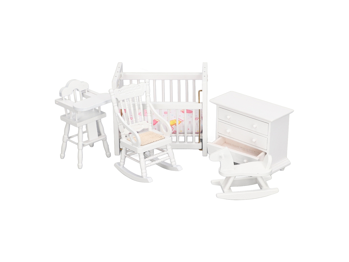 Conjunto De Muebles En Miniatura Para Casa De Muñecas Escala 1:12: Cama, Caballito Mecedora, Silla, Armario.
