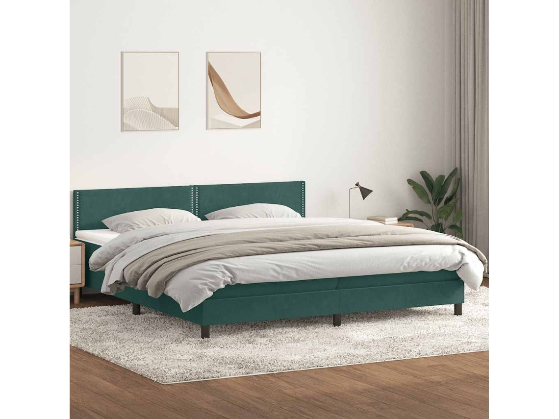 Cama Box Spring Con Colchón Terciopelo Verde Oscuro 180x220 Cm