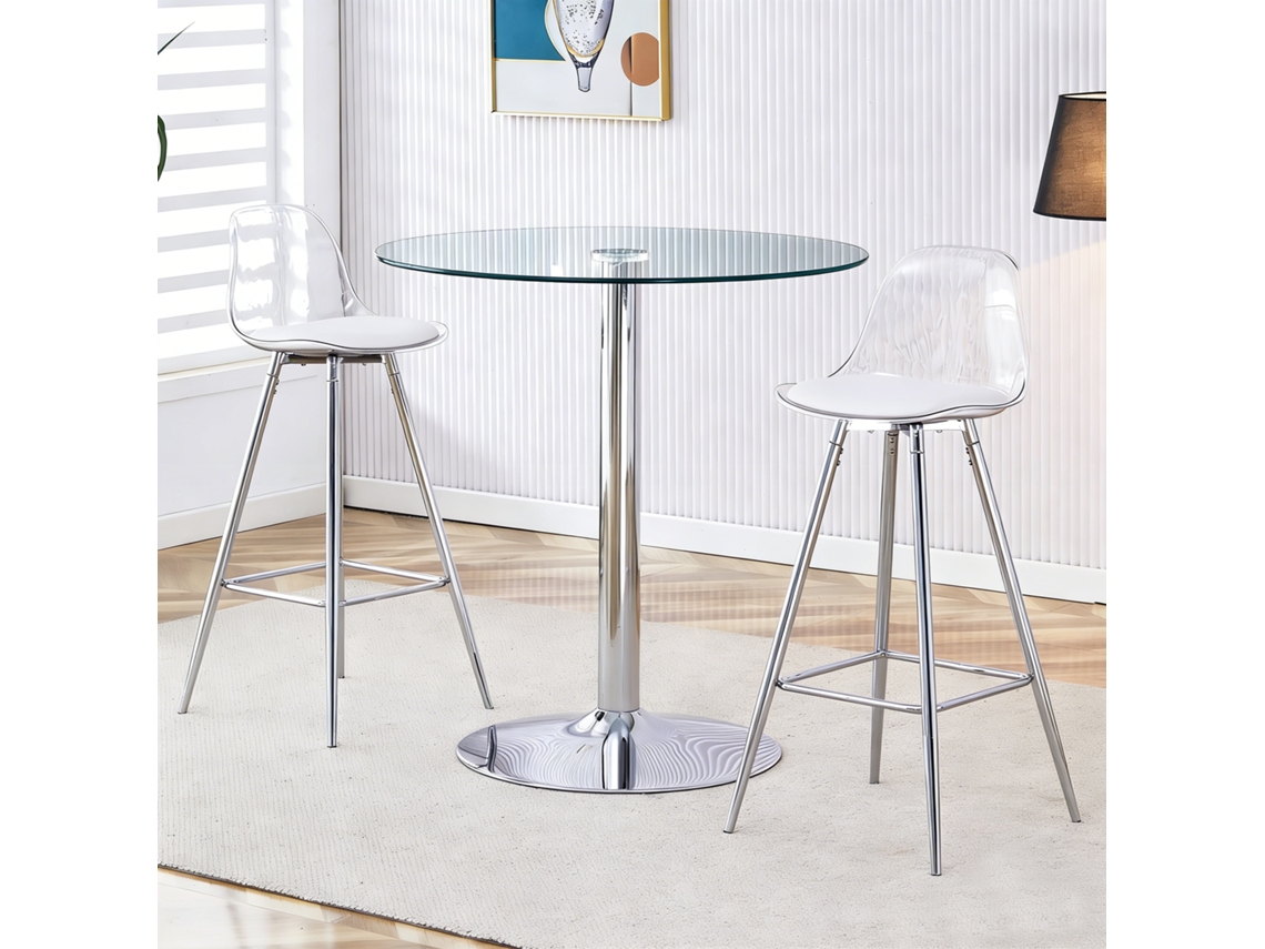 Conjunto De Bar Con Mesa Redonda De Vidrio 89 Cm Y 2 Taburetes Con Patas Metálicas Plateadas
