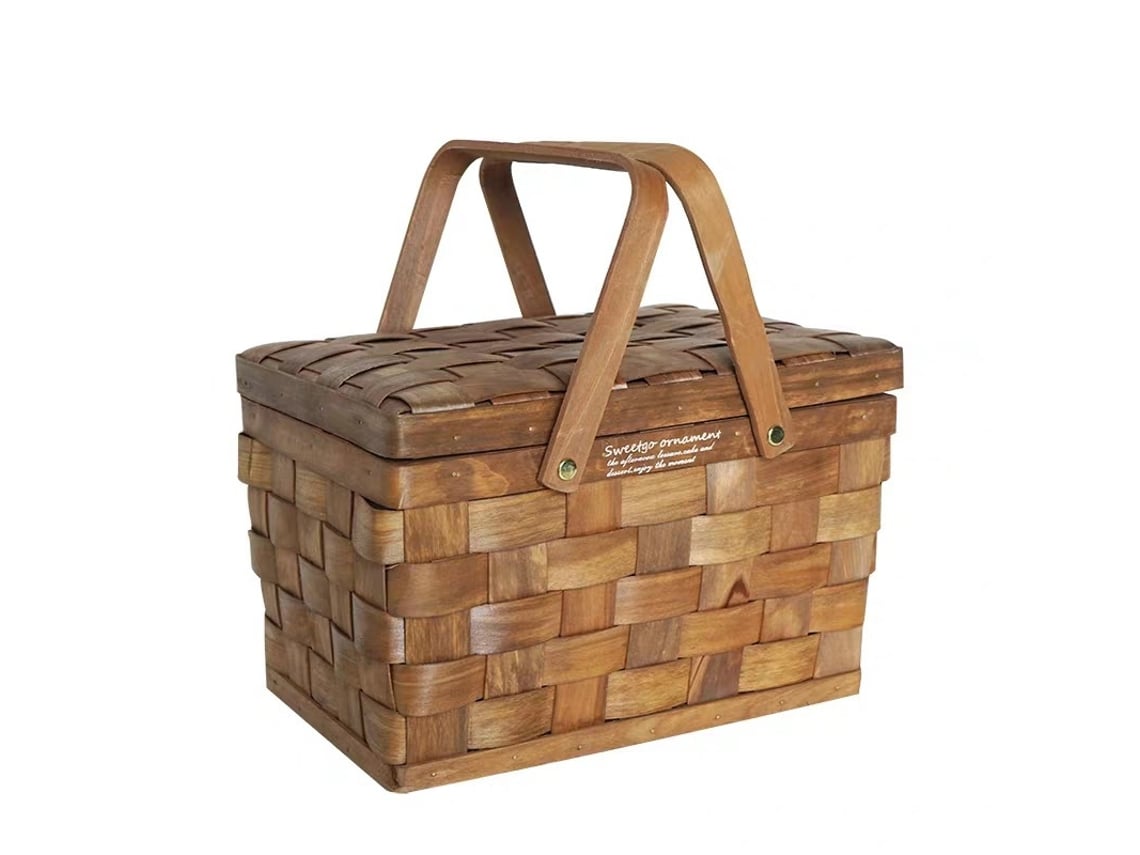 Cesta De Madera Tejida Con Tapa Y Asa, Versátil, Ideal Para Picnics Y Para Guardar Cosas En Casa.