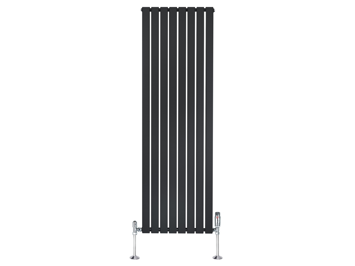 Radiador plano de una sola columna de 1800x560 mm - Negro, acero al carbono de 1,5 mm, 1412 W, alta eficiencia, válvulas termostáticas.