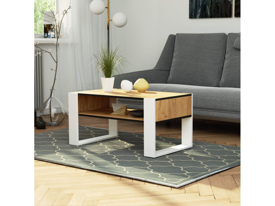 Mesa De Centro Akord Domi Roble Craft 92 Cm Con Patas En Color Blanco 92x53x45 Cm