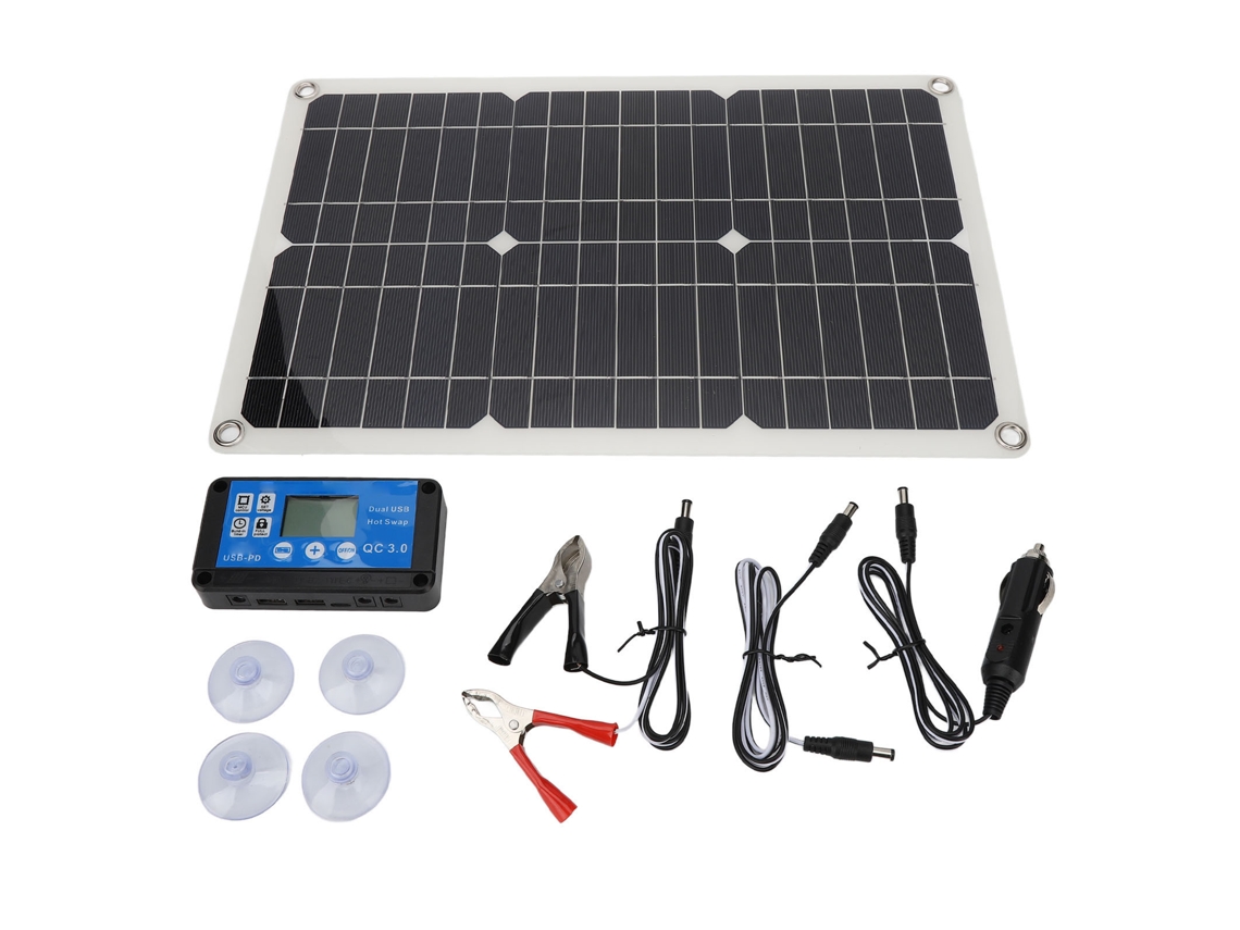 Cargador solar portátil Primerox de 100 W y 18 V con panel monocristalino y controlador USB.