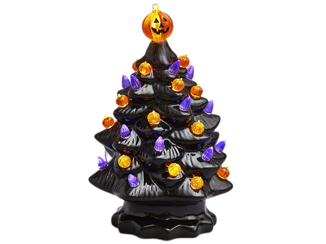 Adorno de mesa de Halloween de cerámica iluminada con forma de árbol y calabaza