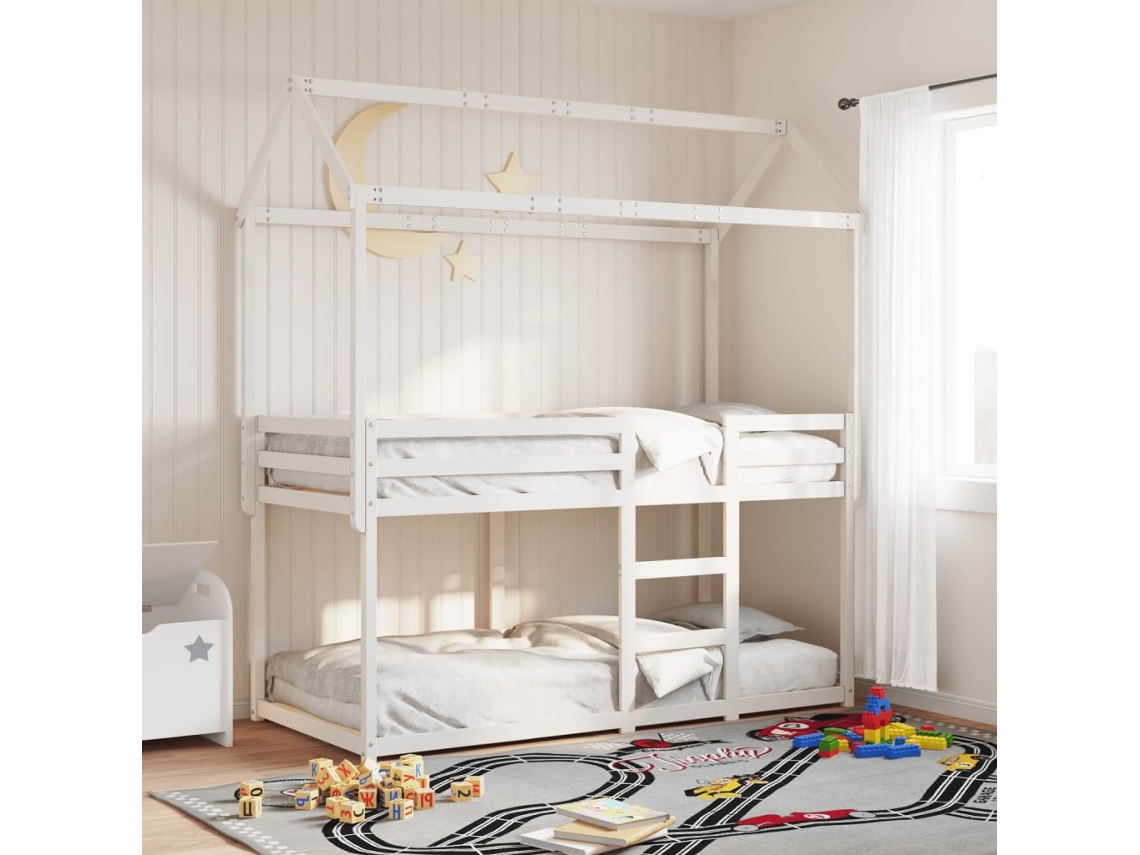 Cama Litera Con Techo Madera Maciza De Pino Blanco 90x190 Cm