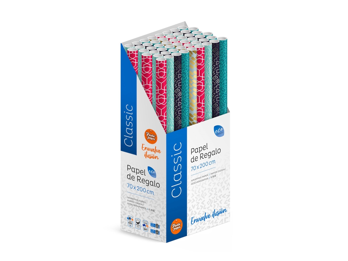 Pack 50 Rollos Papel Regalo Classic B 2m X 70cm Resistente, Caja Expositora, Acabado De Calidad, Listo Para Tienda, Uso Comercial, Regalos Eventos Comercios - Fp Fiesta Paper