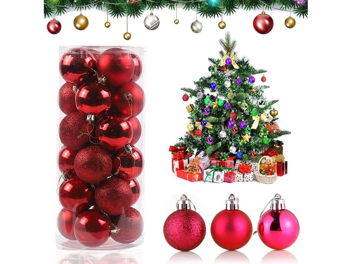 Juego De 24 Bolas Navideñas Decorativas Rojas, Irrompibles, De 4 Cm De Diámetro, Con Ganchos Para El Árbol De Navidad.