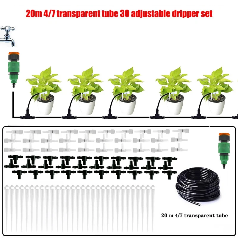Kit de riego por goteo para jardines y plantas en maceta, tubería MDUG de 4/7 mm (manguera de 20 m, 30 reguladores)