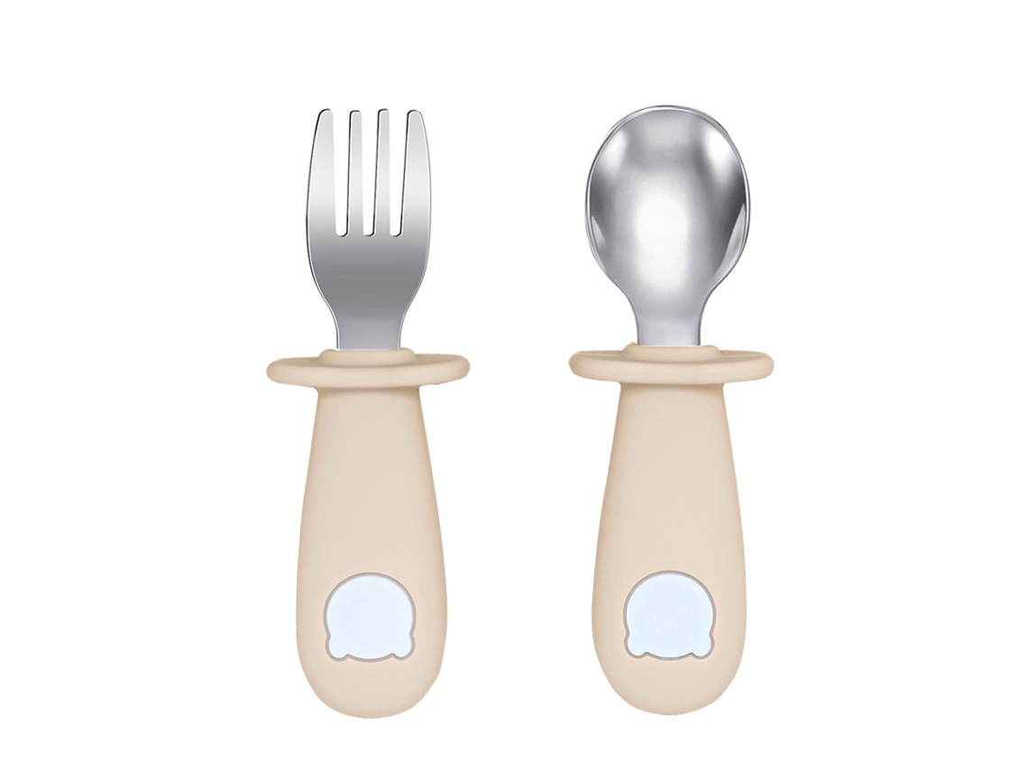(tono Piel) Juego De Vajilla Para Bebé, Incluye Cuchara Y Tenedor De Acero Inoxidable, Libre De Bpa.