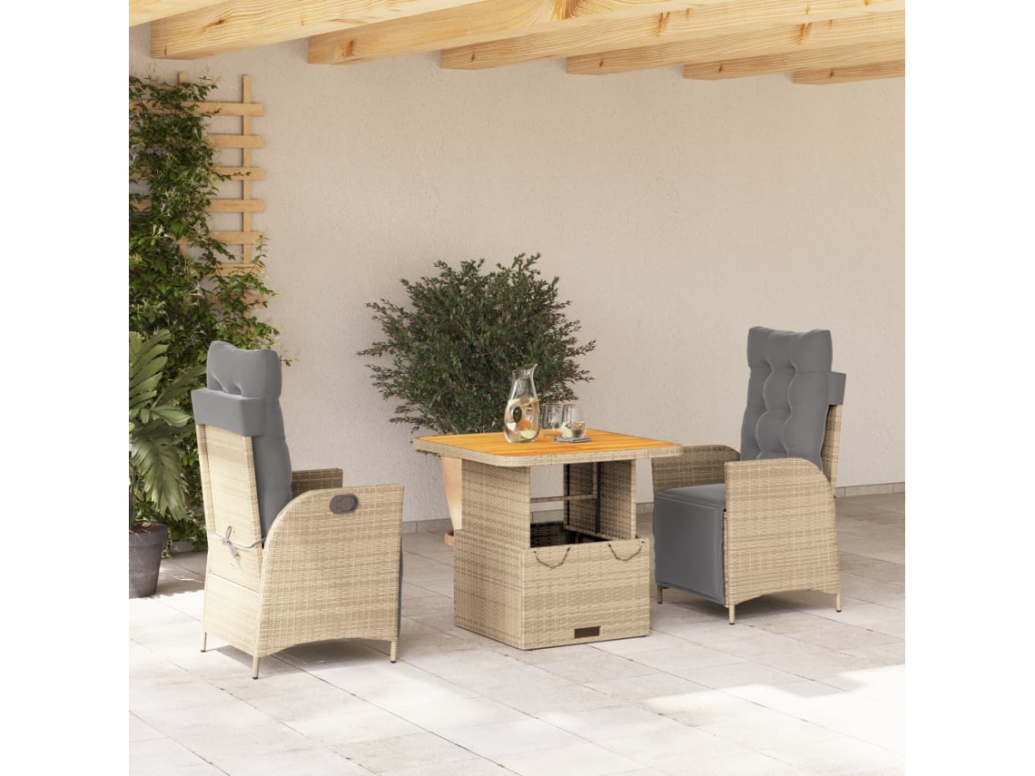 Juego de comedor de jardín de 3 piezas con cojines, mimbre sintético beige, Dkd Home Decor