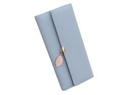 Cartera Larga Tríptico De Pu Para Mujer, De Gran Capacidad, Con Colgante De Hoja Azul Claro.