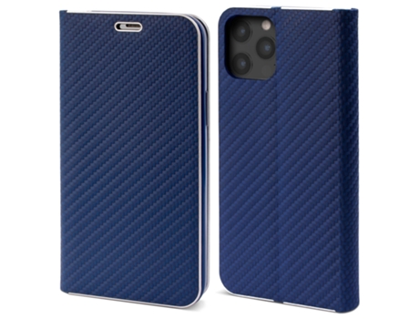 Funda tipo cartera MOOZY para iPhone 12 Pro Max en carbono azul oscuro - Protección de borde metálico con cierre magnético y soporte para tarjetas.