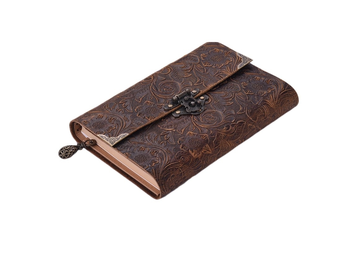 Libreta De Viaje De Piel Suave, Estampado A Mano, Candado Y Llave, Agenda/cuaderno De Papel Marrón*.