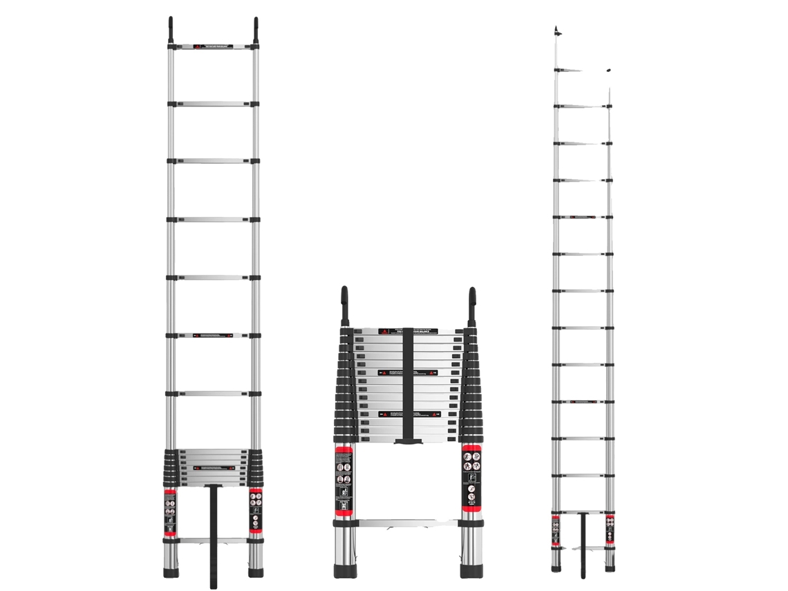 Escalera telescópica de altura regulable, diseño en forma de A, 4,4 m con ganchos.