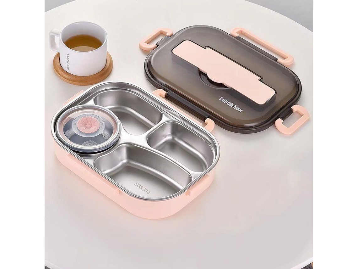 2026-41003-bandeja Bento Para Niños Estudiantes, Aislamiento Térmico, 4 Compartimentos, Acero Inoxidable, Rosa