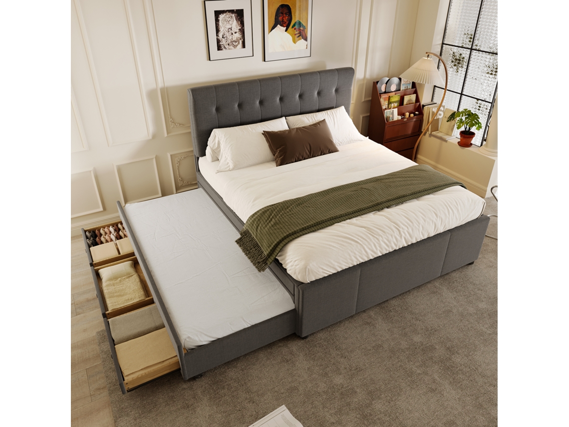Cama Tapizada 140x200 Cm Con Cama Extra 90x190 Cm - En Tejido De Lino - Con 3 Cajones Y Somier De Láminas - Gris