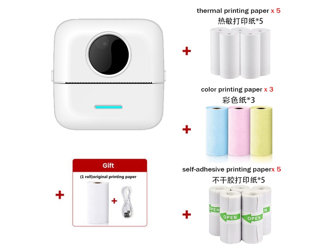 Impresora Térmica Portátil Mini Impresora Sin Tinta Con 14 Rollos De Papel De Impresión, Color Blanco GERTIZ