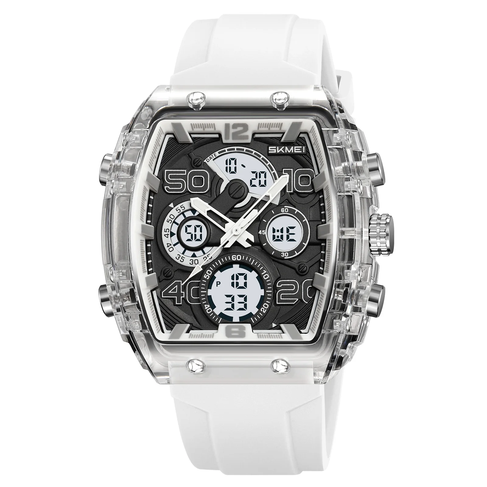 Reloj Deportivo Con Cronógrafo Led (blanco Semitransparente), Caja En Forma De Tonel, Para Hombres Jóvenes.