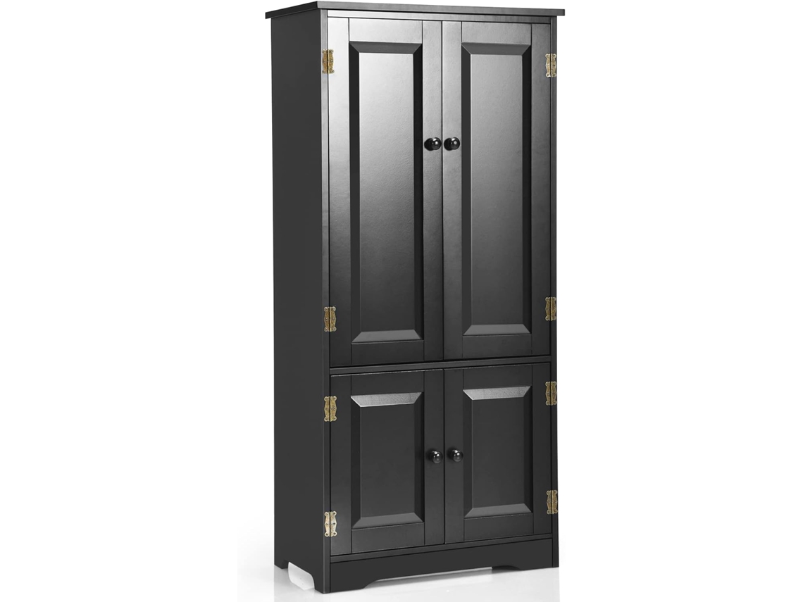 Armario Vertical Madera, Organizador de Doble Puerta con Repisa Regulable y Dispositivo Antivuelco COSTWAY