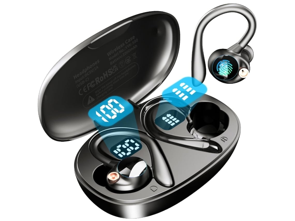 Auriculares deportivos Bluetooth 5.3, hasta 120 horas de reproducción, con pantalla LED de batería para máxima comodidad.