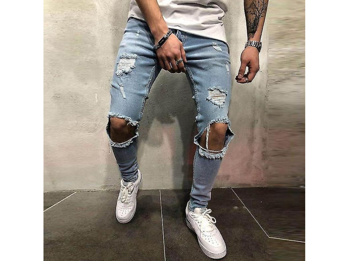 2026-pantalones Vaqueros Skinny Para Hombre Rotos Con Agujeros En Rodillas Estirados Desgastados 3xl Azul Claro