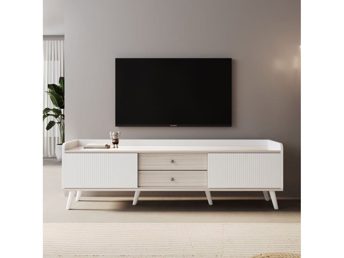 Mueble Tv 160 Cm - Con Dos Cajones, Dos Puertas Correderas, Superficie Baja - Blanco