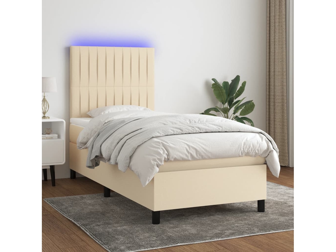 Cama Box Spring Colchón Y Luces Led Tela Crema 90x200 Cm
