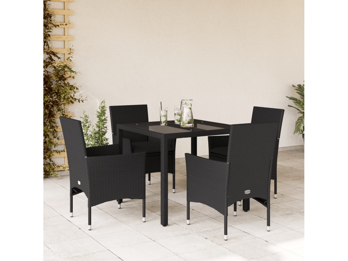 Juego de comedor de jardín de 5 piezas con cojines de mimbre negro de polietileno y vidrio de DKD Home Decor