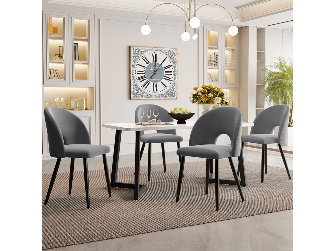 Juego De Comedor De 117x68cm Con 4 Sillas, Tapizado En Terciopelo Gris Con Forma De Diamante Y Patas Negras Ajustables.
