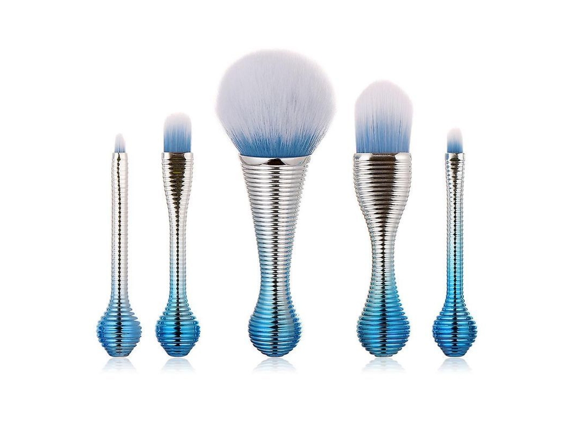 Juego De 5 Brochas De Maquillaje Con Forma De Piruleta En Azul Y Plateado Para Rubor E Iluminador Facial.