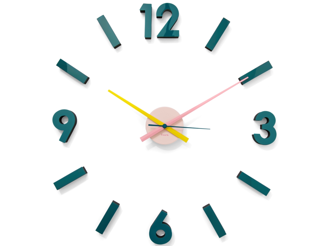 FISURA Reloj de pared 3D DIY azul, rosa,amarilloReloj de pared grande adhesivo No tic-tac Metal y ABS Agujas de 9x31 y números de 8,5 cm