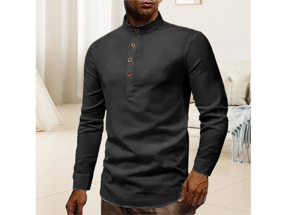 Camisa Masculina Manga Longa Gola Alta Meio Botão Slim Fit Preto Xl