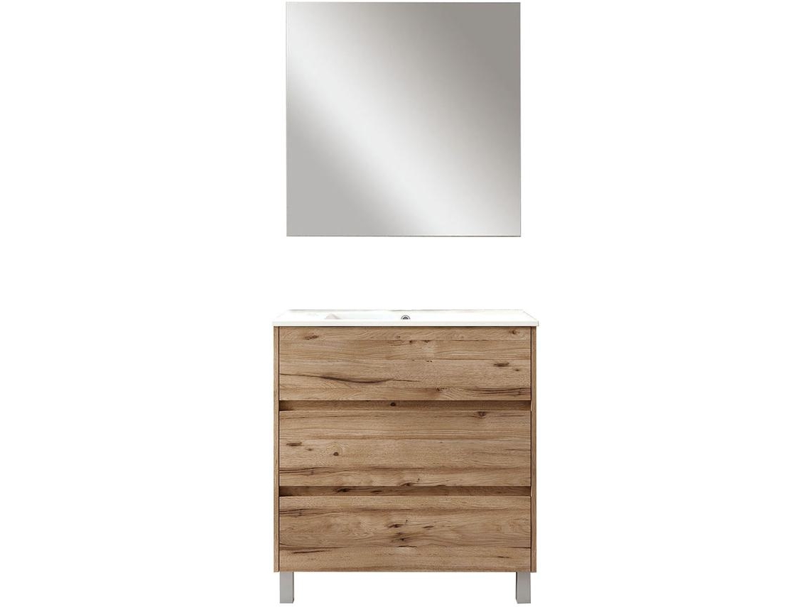 Mueble de baño con Lavabo, Espejo y Aplique LED SIREX 80x45 cm acabado Teca Claro mate 3 cajones con patas
