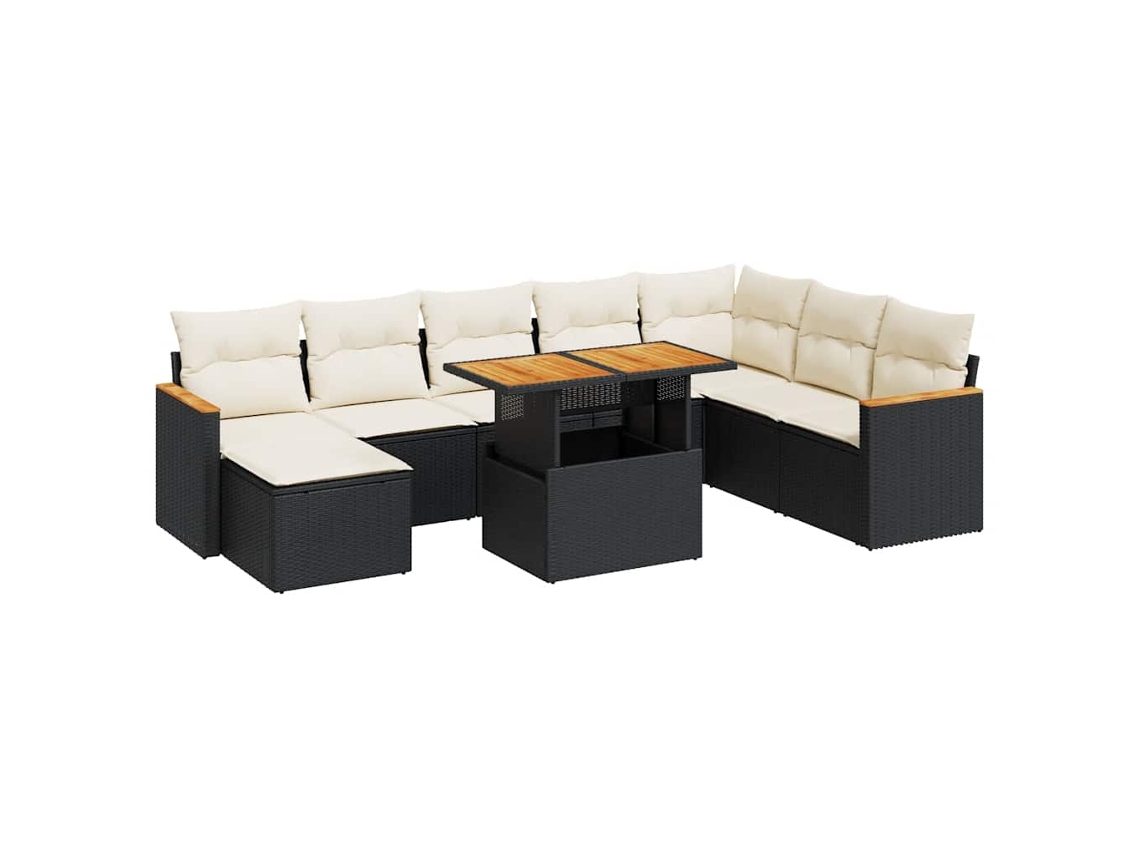 Conjunto de 9 sofás de jardín, cojines de mimbre, madera de acacia, negro, EXCLUSIVA MAISON