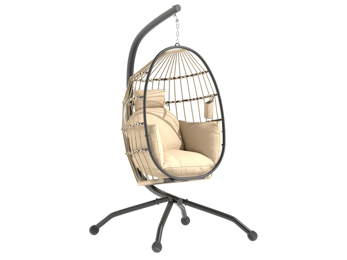 Silla colgante de mimbre color caqui con respaldo y portavasos.
