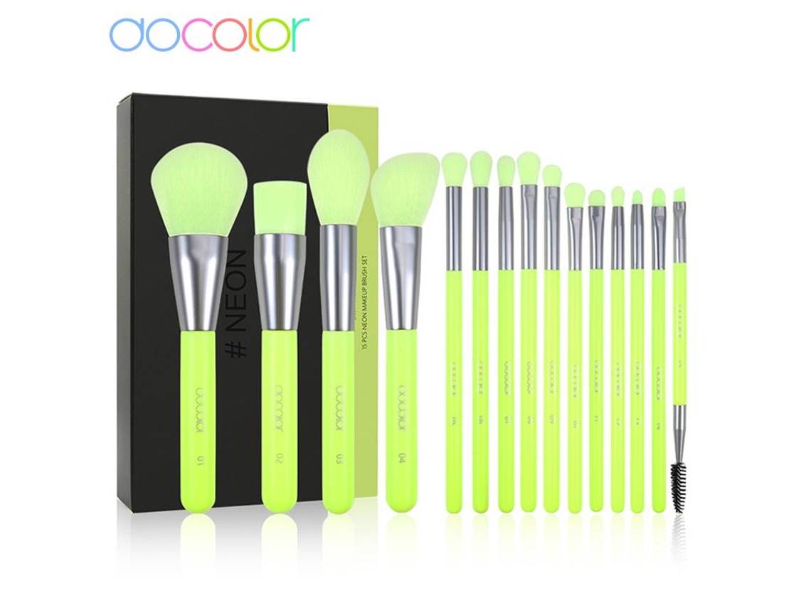 Juego de 15 brochas de maquillaje para difuminar sombras de ojos, delineador y cejas, de pelo sintético, neón, Docolor