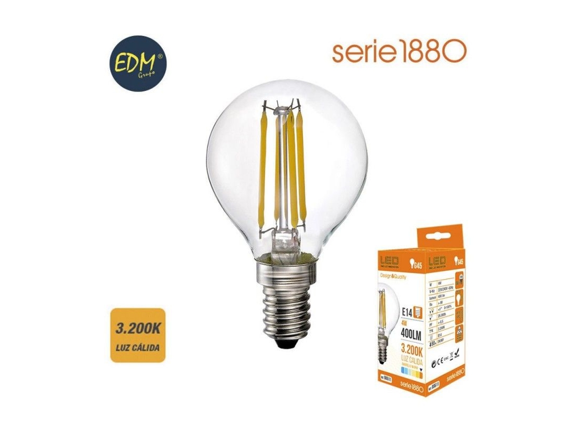 Bombilla LED Filamento Esférica Edm E14 4w 500lm 3200k Luz Cálida Ø4,5x7,8cm