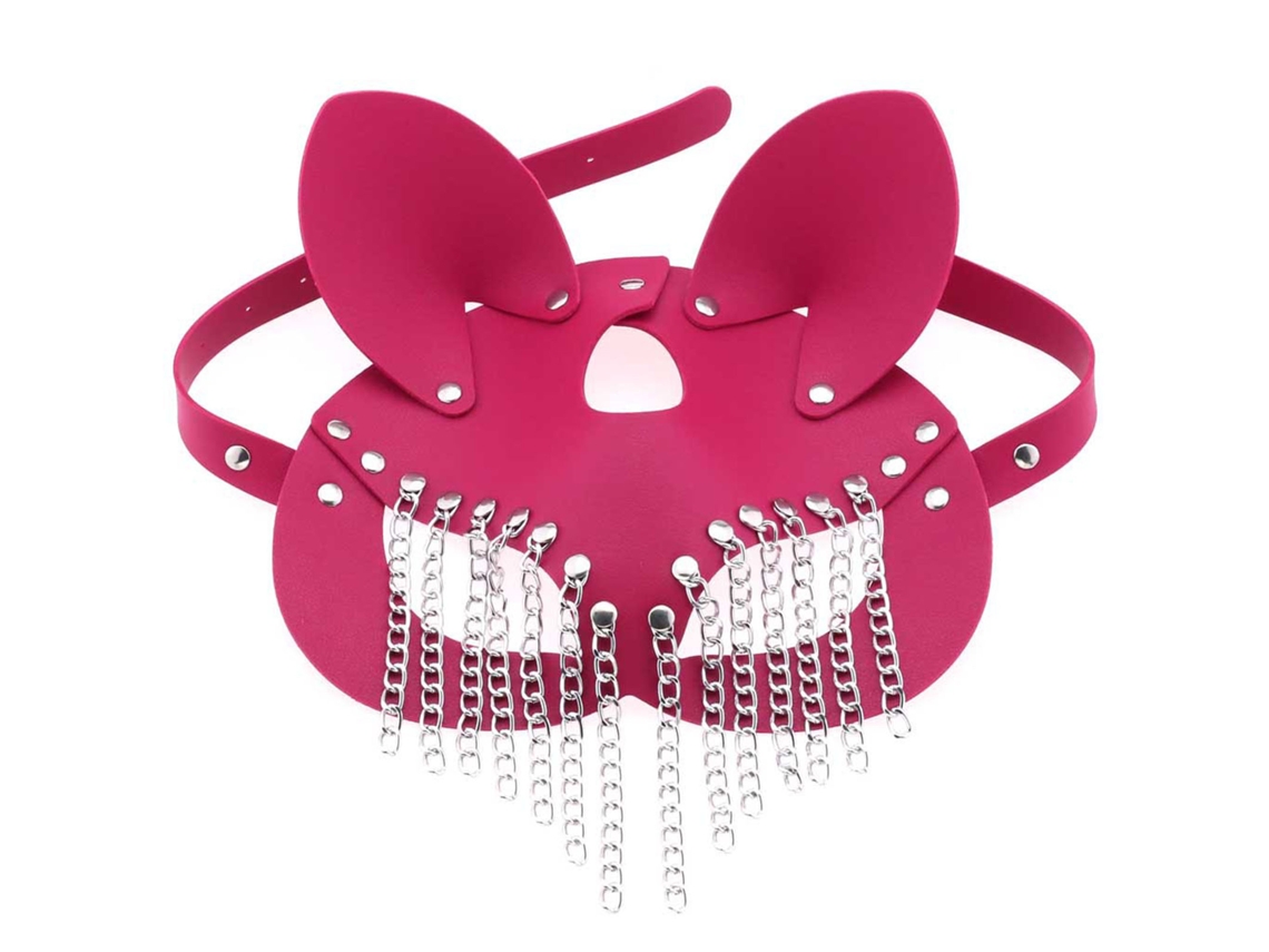 Máscara Facial De Cosplay De Cuero Sintético Color Rojo Rosado Con Flecos Metálicos Y Remache Ajustable.