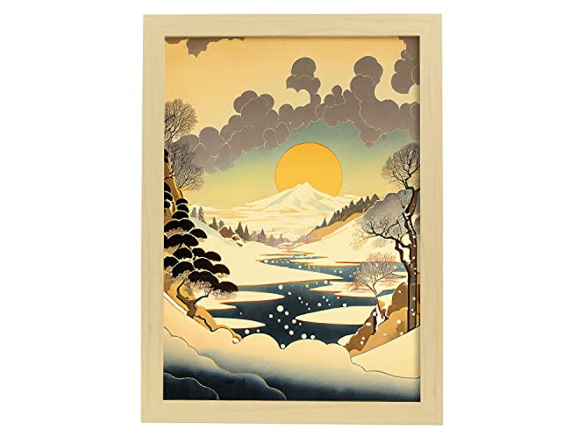 NACNIC Poster Río Congelado En El Estilo De Arte Japonés Ukiyo. Paisajes Abstractos Y Surrealistas En Ilustraciones De Arte Oriental A3 Marcos Madera.