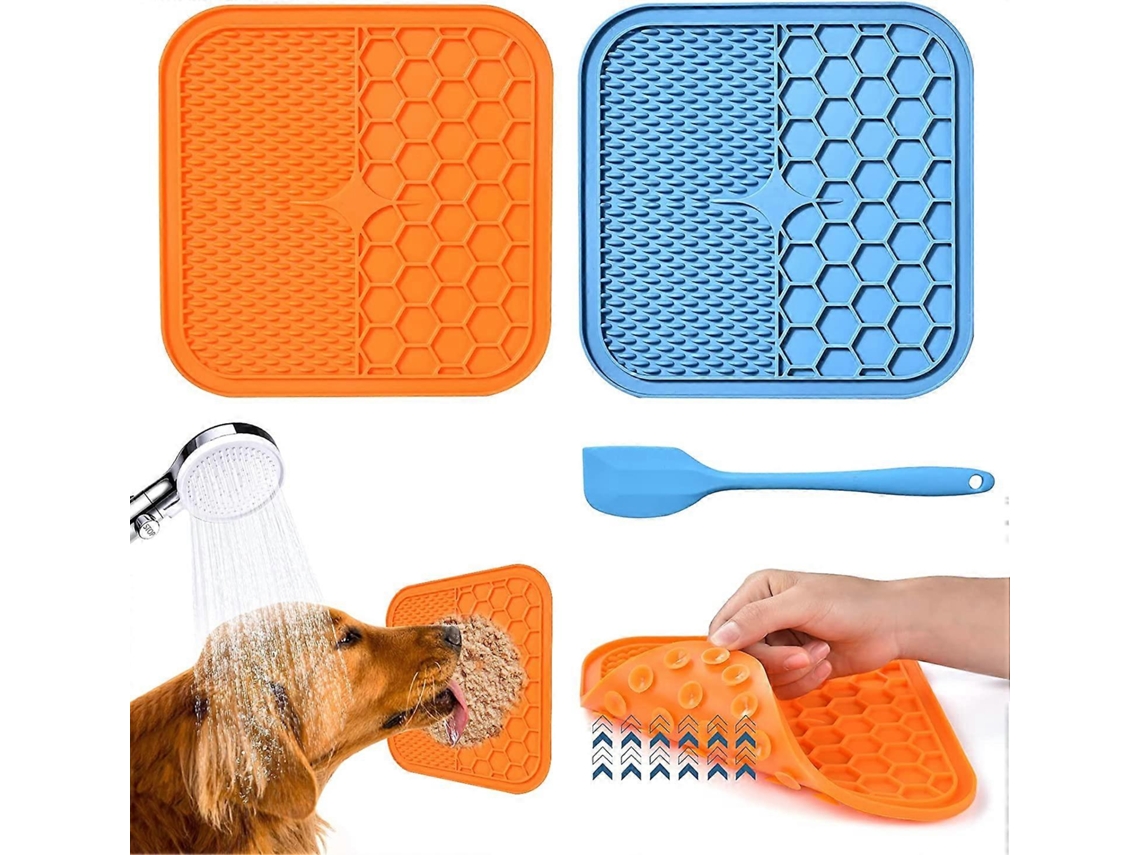 Tapete para lamber para cães e gatos, 2 peças de silicone livre de BPA com espátula, ventosas fortes para banheiro, treinamento e higiene bucal.