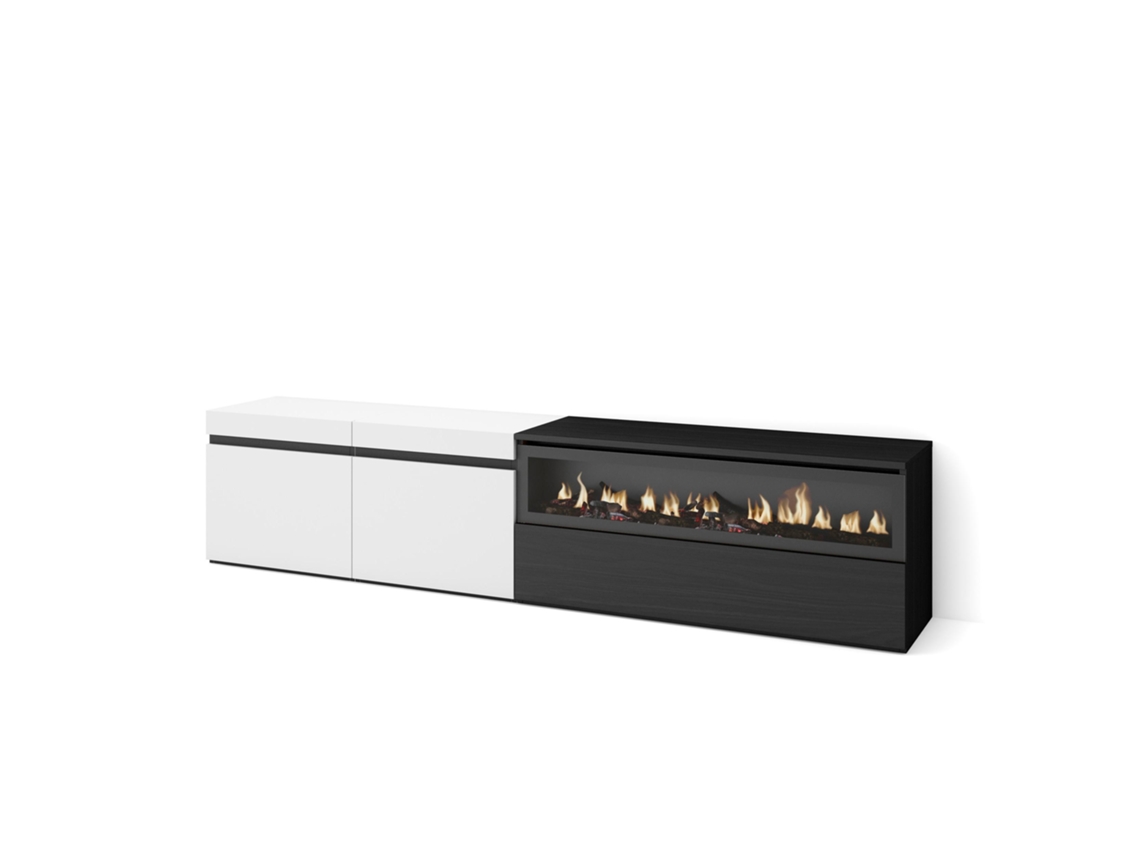 Mueble TV Televisión 200x45x35cm Para TV hasta 80 Chimenea eléctrica Blanco y negro