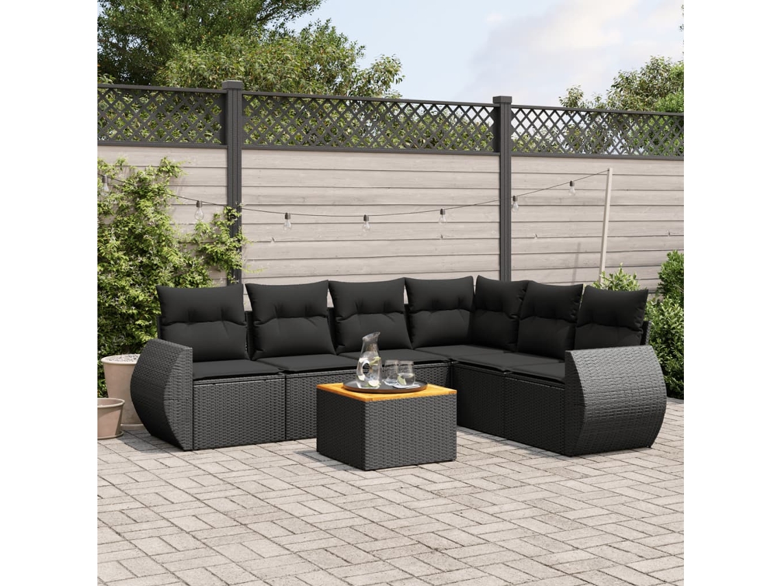Conjunto de sofá de jardín de 7 piezas con cojines, ratán negro, Dkd Home Decor