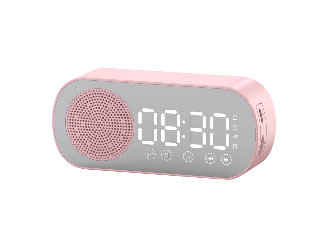 Reloj despertador digital con espejo y altavoz Bluetooth Yncm, color rosa.