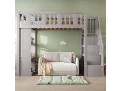 Cama alta de 90 x 200 cm con escalera, espacio de almacenaje y varios cajones, cama multifuncional, madera, estilo gris