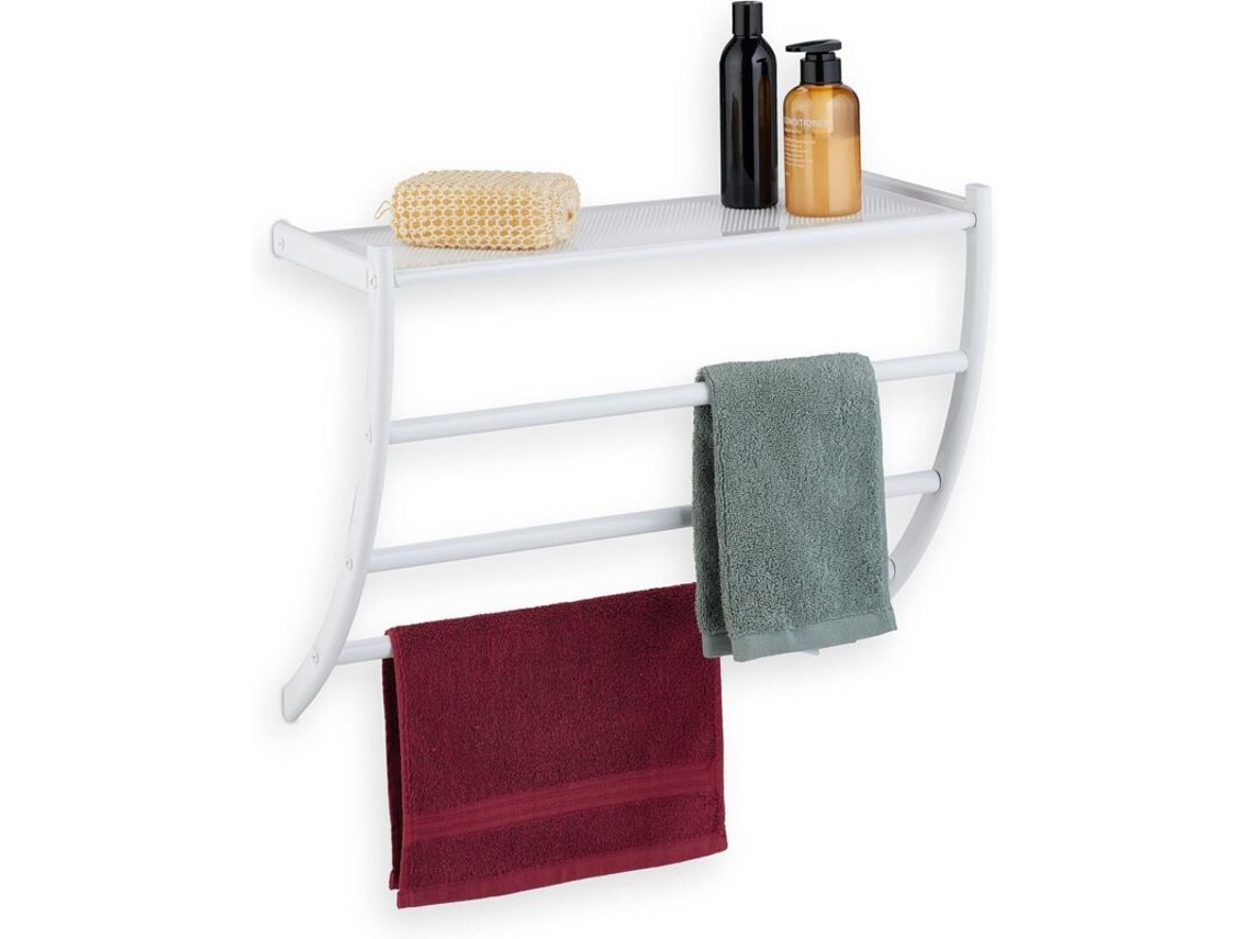 Toallero de pared, Alto x Ancho x Profundidad: 44 x 56,5 x 23 cm, con estante y 3 barras, para baño, color blanco.